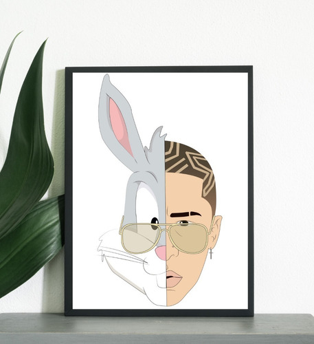 Cuadro 33x48cm Bad Bunny Ilustración Bugs Bunny Marco Negro