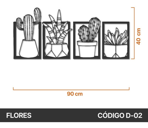 Imagen 2 de 5 de Cuadro Cactus Cuadríptico Calado En Fibrofacil Negro