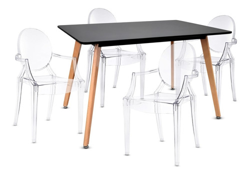 Juego Comedor Mesa Eames Negra + 4 Sillas Ghost Con Brazos