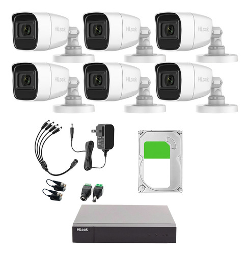 Hilook Kit De Camaras De Seguridad Exterior Con Micrófono Integrado + Disco Duro 3tb Modelo Hlps1080-plus6-sc+3tb Video Vigilancia Turbohd 1080p Cctv 6 Cámaras Bala