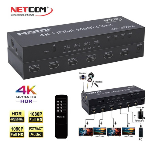 Matrix Hdmi 2x4 Puertos 2.0 4k 60hz Splitter Switch Hdmi Hdr