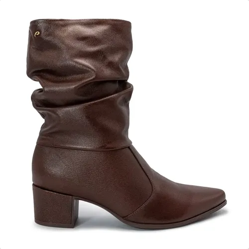 Bota Pegada Feminina Em Couro Salto Bloco Cano Alto