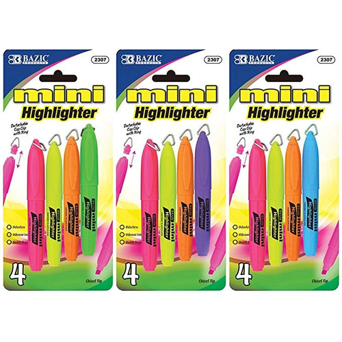 Bazic Mini Fluorescente Highlighter W / Cap Clip (4 / Pack) 
