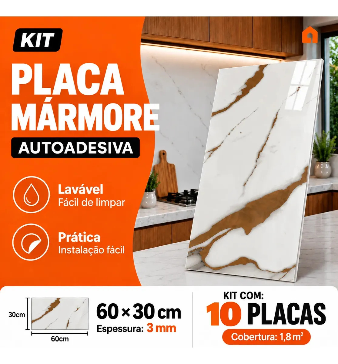 Kit 10 Placa Adesiva Mármore 3d Autocolante 60×30 Cm Painel Revestimento Decorativo Lavável Para Parede Mármore 08