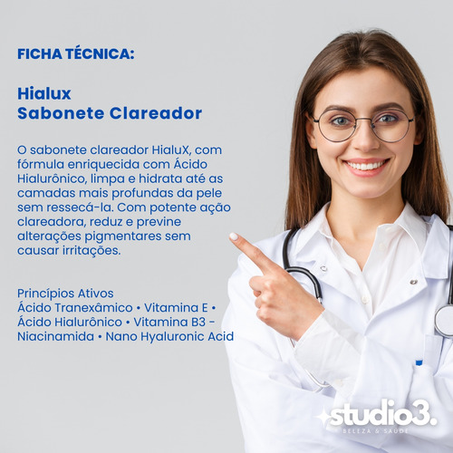 Sabonete Clareador C Ácido Hialurônico E Anti-inflamatória Momento De Aplicação Dia/noite Tipo De Pele Todo Tipo De Pele