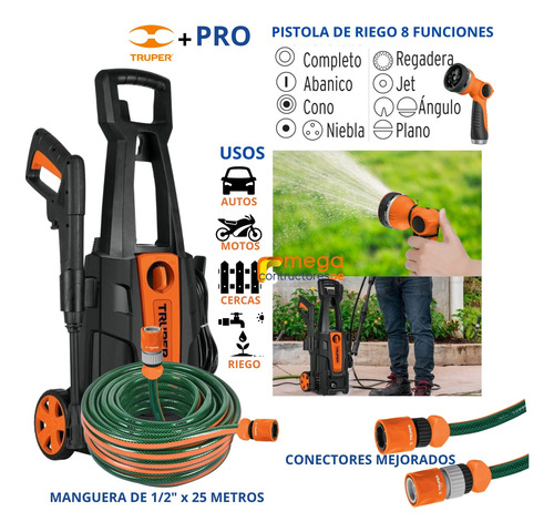 Hidrolavadora 1800psi Alta Presion Manguera 25m Ergo Pro