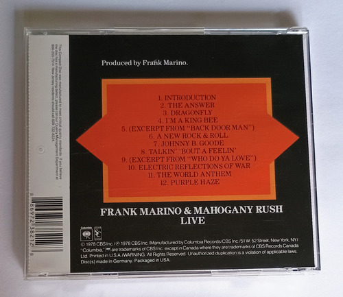Frank Marino Mahogany Rush Live Cd Usa Prim Ed Estándar (Usado)