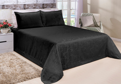 Cobre Leito Colcha Jacquard Casal Queen 3 Peças Dupla Face Cor Preto