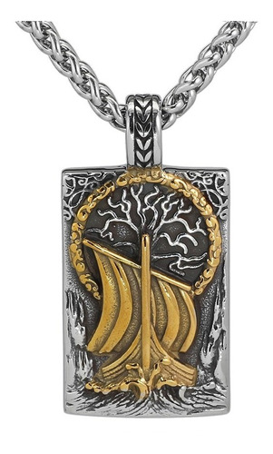 Collar Barco Vikingo Dorado Arbol De La Vida Yggdrasil Acero