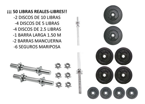Kit 50 Libras + Barra Larga 1.50+ Barras Mancuerna