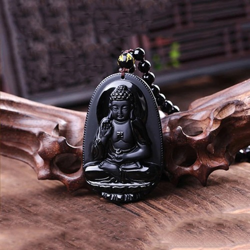 Collar Con Amuleto De La Suerte De Buda Tallado En Obsidiana