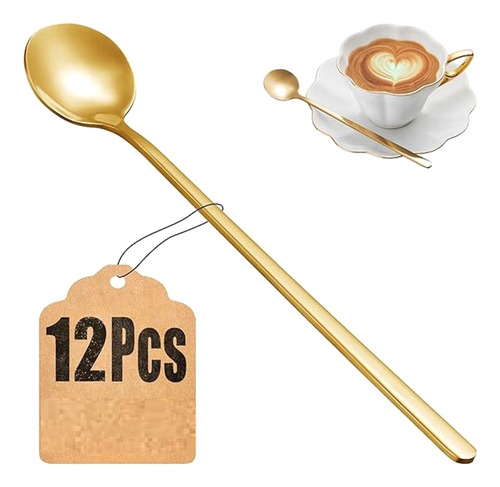 Juego De 12 Cucharas De Café Doradas Con Mango Largo Para Ag