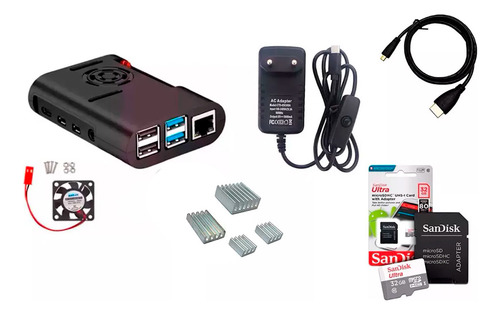Case, Cooler, Fonte + Micro Hdmi + 32gb P/raspberry Pi4 Pi 4