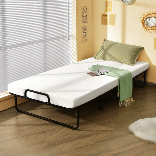 Cama Plegable Con Colchón Individual Portátil Y Ruedas