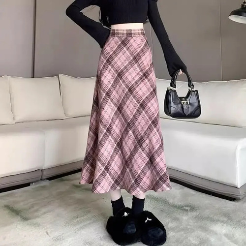 Falda Midi En Forma De A A Cuadros Rosa Para Mujer Elegante