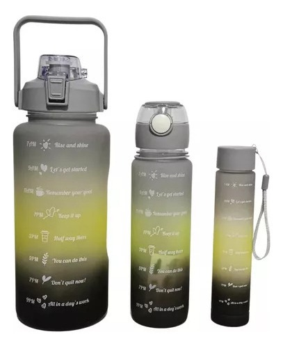Kit con 3 botellas de agua con frases motivacionales, color gris