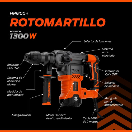 Rotomartillo 1300w 5j Con Accesorios - Hamilton Hrm004 Frecuencia 50/60Hz