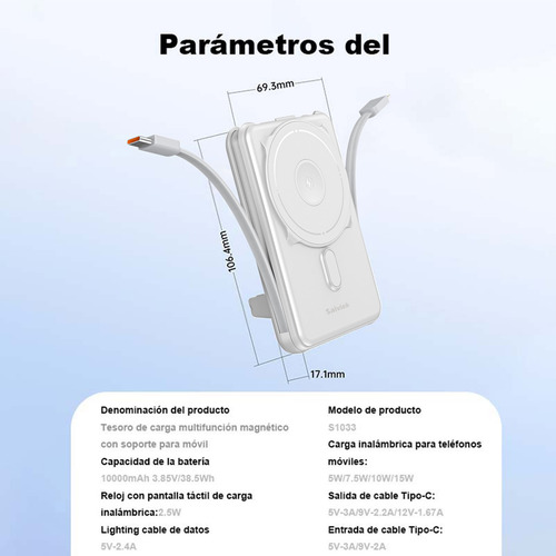 SAIVIEK Power Bank Inalámbrico 10000mah PD 22.5W, 3 En 1 Magsafe Compatible Para AppleWatch,AirPods,iPhone16/15/14 Serie,Con 2 Cables Tipo C 20w Y Lightning 15w Incorporados,Con Pantalla Led, Blanco