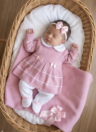 Saída De Maternidade Em Tricô Rosa Bebê Rosa 0 A 3 Meses