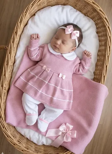 Saída De Maternidade Em Tricô Rosa Bebê Rosa 0 A 3 Meses imagem principal