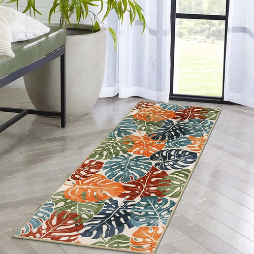 Lanffia Colorful Leaves Runner Rug 2x5, Lavable Non Slip Hal