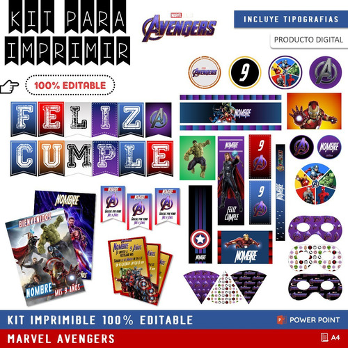 Kit Imprimible Cumple + Candy Editable - Avengers