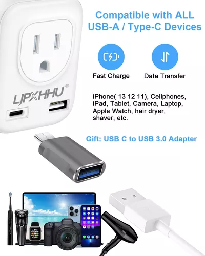 Adaptador de corriente universal para viaje internacional con USB de alta  velocidad de 2.4 A, cargador de pared tipo C de 3.0 A, adaptador europeo