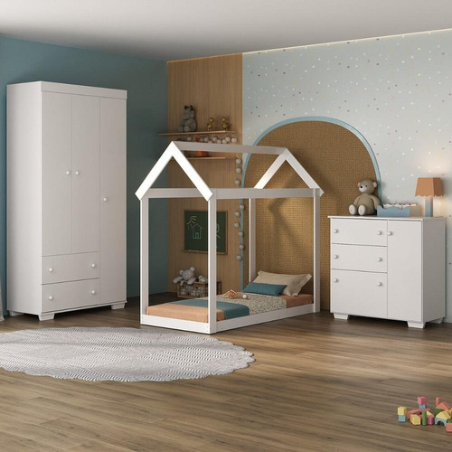Quarto Infantil com Cama Montessoriana e Colchão Incluso Algodão Doce Multimóveis MX4268 Branco