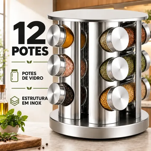 Porta Temperos Condimentos ​Inox Kit 12 Unidades Potes Vidro Base Giratório 360 Preto Organizador Cozinha Dosador Sólar