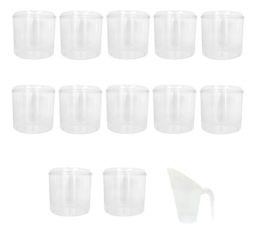 Kit 12 Potes Acrílico Redondo Com Tampa 8,6l + Conchas 600ml