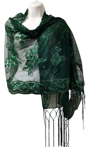 comprar Lenço Xale Echarpe De Festa Bordado Verde Detalhes Franjas