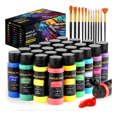 Juego De Pintura Acrílica 24 Colores 59 Ml Con 12 Pinceles
