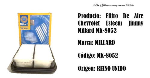 Filtro Aire Mk-8052 Millard Chevrolet Esteem / Jimmy 