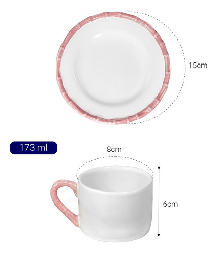 Kit Louça 6 Xícaras E 6 Pires Para Café Cerâmica Bambu Rosa