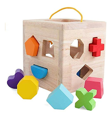 Cubo De Madera Con 12 Bloques Geométricos De Madera De Color