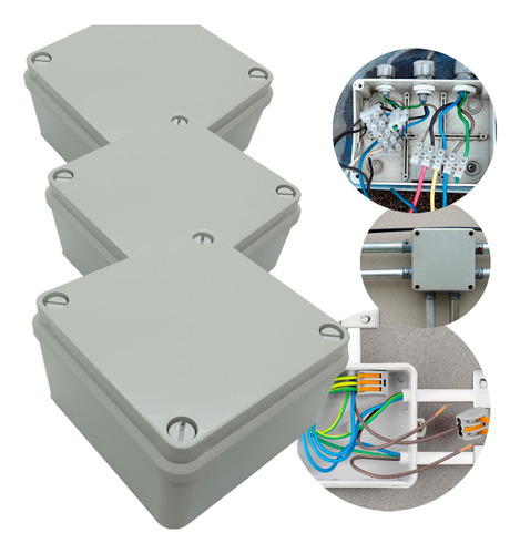 Kit 3un Caixa Passagem Vedada Sobrepor PVC Cinza 104x104x54mm CFTV
