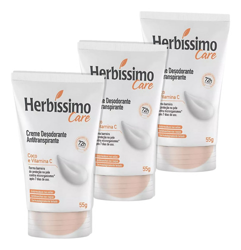 3 Uni Creme Desodorante Herbíssimo 72h Coco E Vitamina C 55g