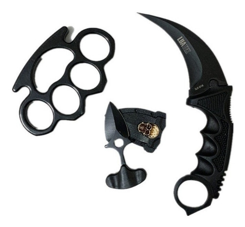 Kit Soco Inglês Aço + Faca De Pescoço Karambit + Push Dagger Cor Preto Liso