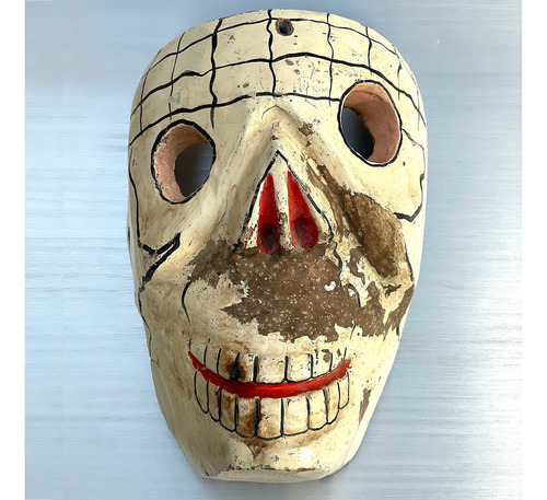 Antigua Màscara De Calavera Tallada En Madera De Colorìn Mex