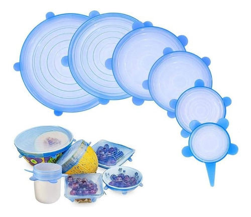 6 tampas de silicone flexíveis anti-derramamento ajustáveis e reutilizáveis, cor azul