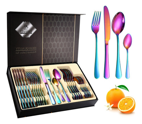 Juego De Cubiertos, 24 Piezas, Cubiertos Dorados, Luz Especu