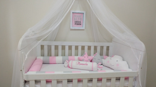 Imagem 3 de 5 de Kit Berço Rolinho Rosa E Cinza Personalizado