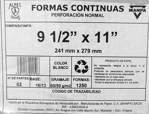 Forma Continua 2 Partes 9 1/2  X 11  Alpes 1250 Formas 