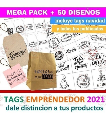 Kit Imprimible Tags Emprendedor Mega Pack + 50 Modelos