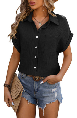 Camisa Suelta De Mujer Bolsillo De Manga Corta Informal