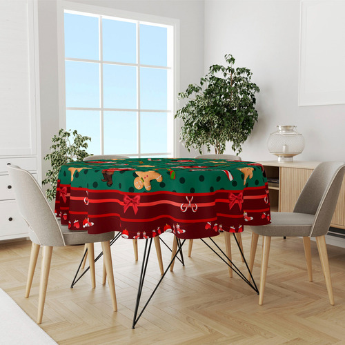 Toalha De Mesa Redonda Papai Noel Laços-140x140cm Cor Verde Laços