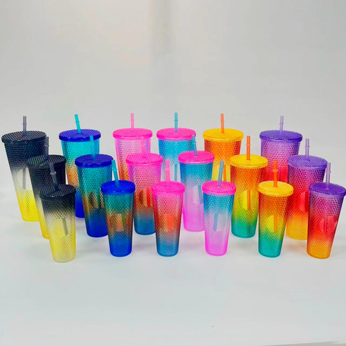 Trio Vasos Texturizados Con Tapa Y Popote Colores Degradados