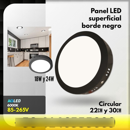 Panel Led Superf Circ Borde Negro 18w 6000k 85-265v 22cm