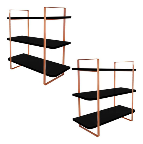 Kit 02 Prateleiras Parede Tripla Hone 25cm Modelo Industrial Cor Cobre/preto