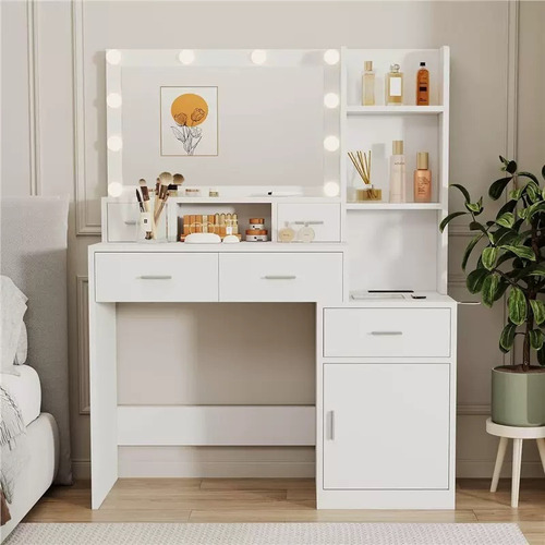 Tocador De Maquillaje Moderno Con Espejo Led Y Portasecadora Blanco